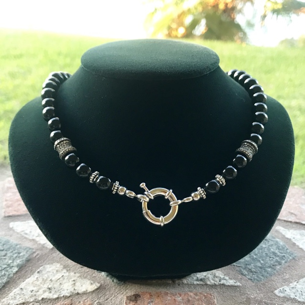 Genuine onyx fancy clasp rodhium cz charm choker - Picture 6 of 8